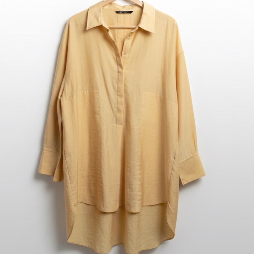 ZARA Women’s Oversized Button Front Lyocell Shirt Tunic Yellow XXL Longline bb - Picture 2 of 8
